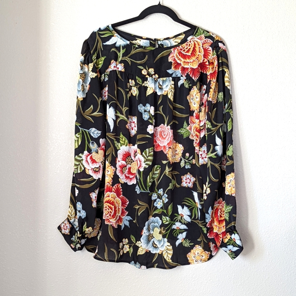 LOFT Black Long Sleeve Floral Blouse Size L
